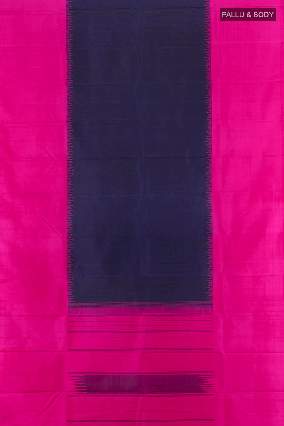 Flat view of Navy Blue Kanchipuram Silk Saree with Plain Body and Silk Border. 