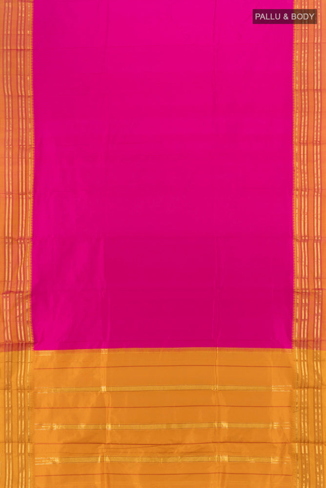Flat view of Pure Silk Pure Zari Magenta Narayanpet Saree with Zari Butta on the body and Silk Border. 