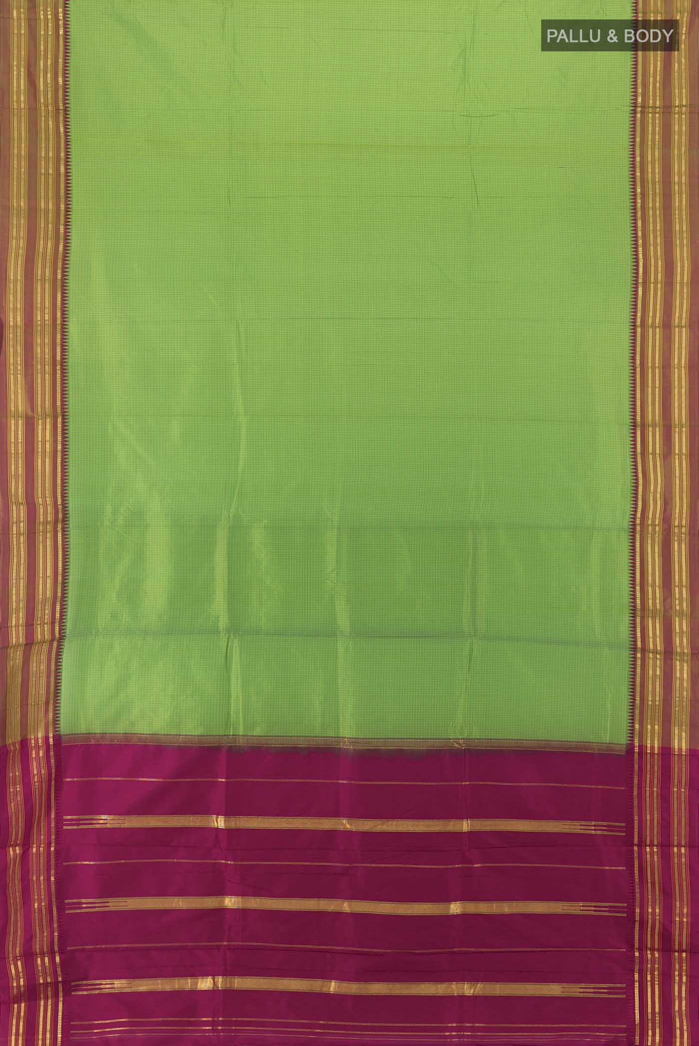 Flat view of Light Green Narayanpet Silk Saree with Zari Butta on the body and Silk Border. 