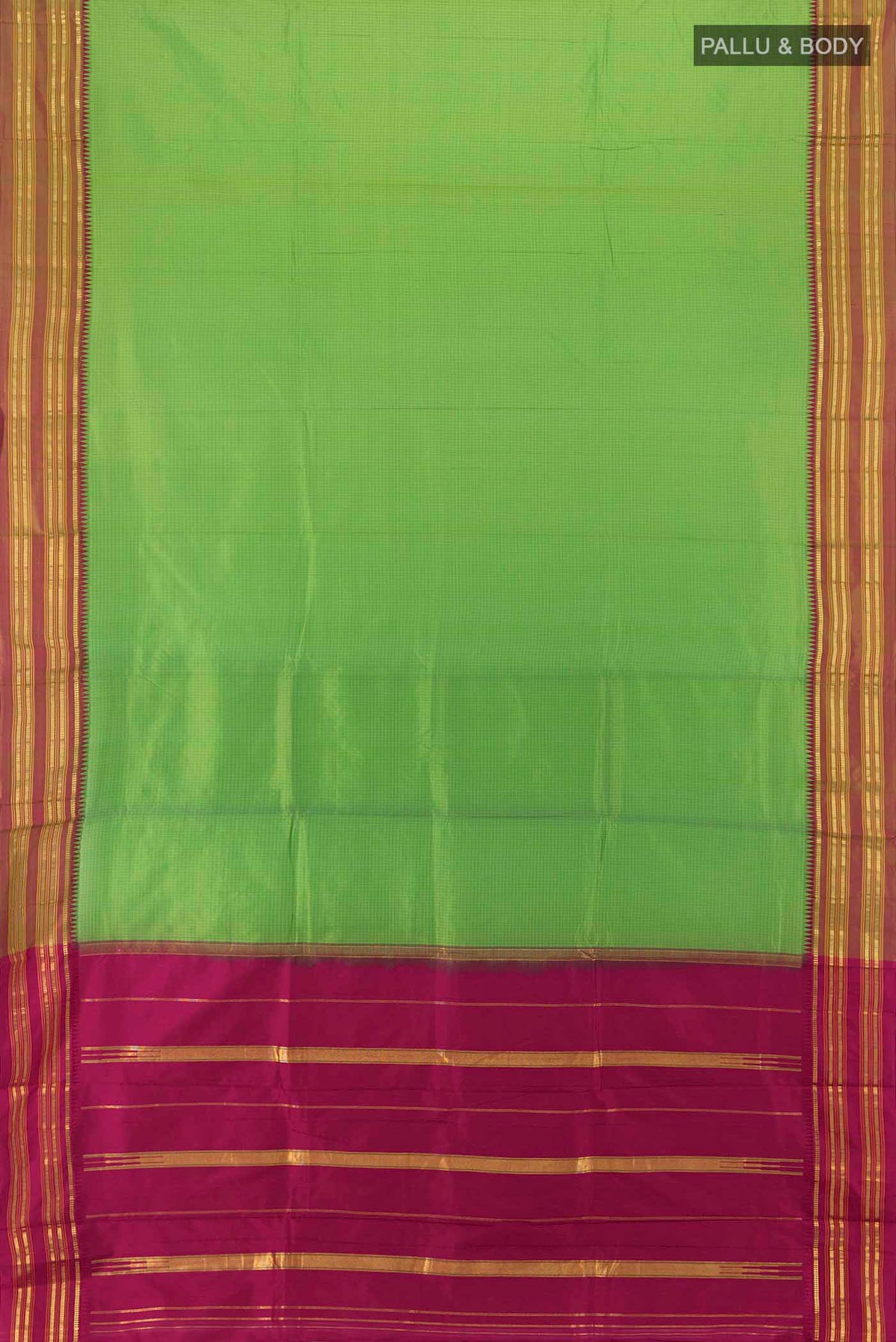 Flat view of Light Green Narayanpet Silk Saree with Zari Butta on the body and Silk Border. 