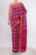 Rani Pink Pochampally Silk Saree with Ikat Print on the body and Zari Border displayed on a mannequin