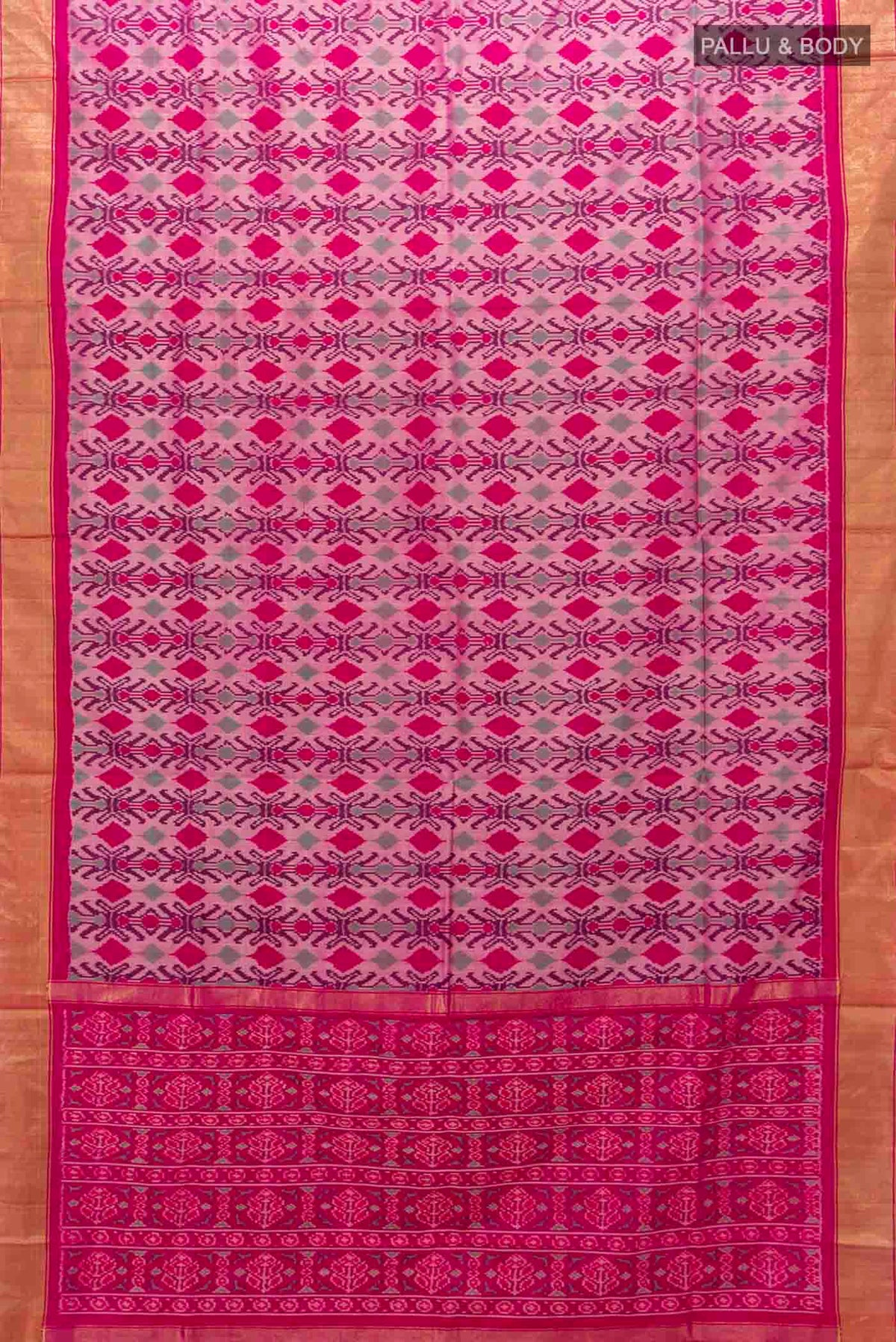 Flat view of Rani Pink Pochampally Silk Saree with Ikat Print on the body and Zari Border
