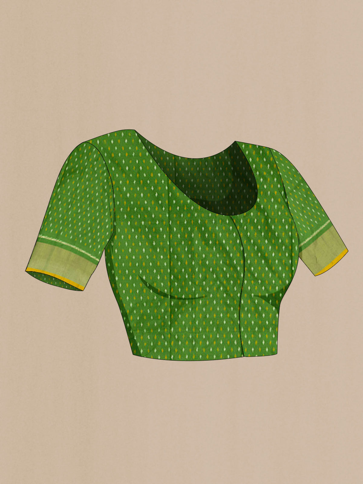 Close up image of the blouse of Green Pochampally Silk Saree with Zari Brocade on the body and Silk Border
