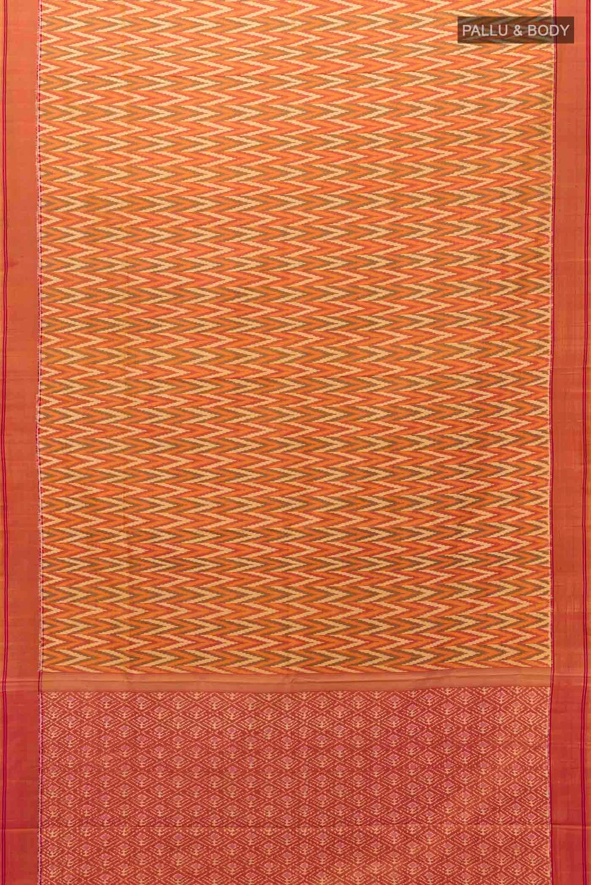 Flat view of Orange Pochampally Silk Saree with Ikat Print on the body and Silk Border