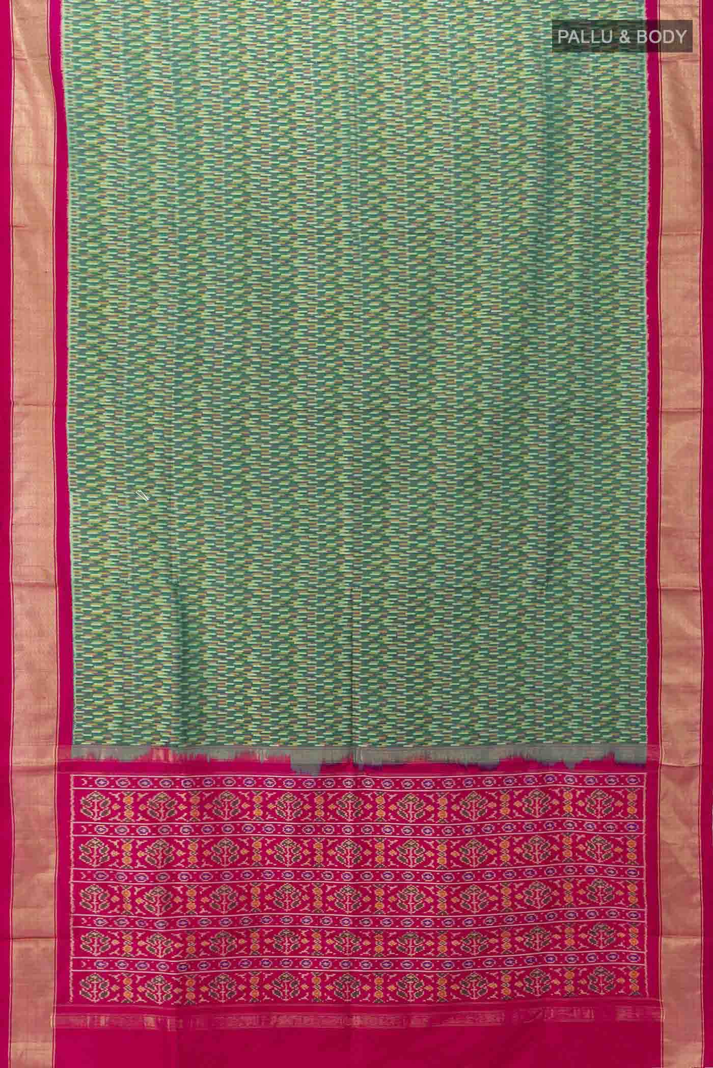 Flat view of Green Pochampally Silk Saree with Ikat Print on the body and Silk Border