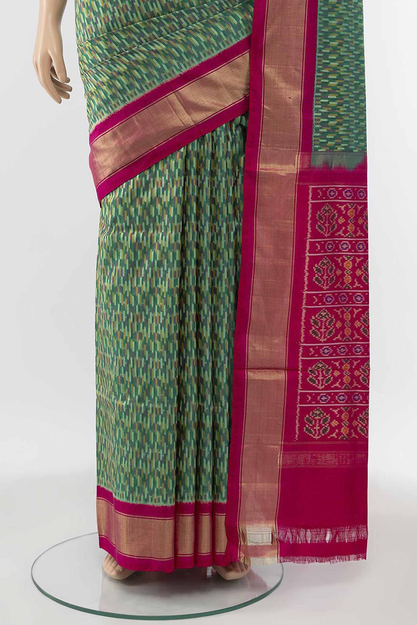 Pleats and pallu of Green Pochampally Silk Saree with Ikat Print on the body and Silk Border