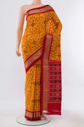 Mustard Pochampally Silk Saree with Zari Butta on the body and Silk Border displayed on a mannequin