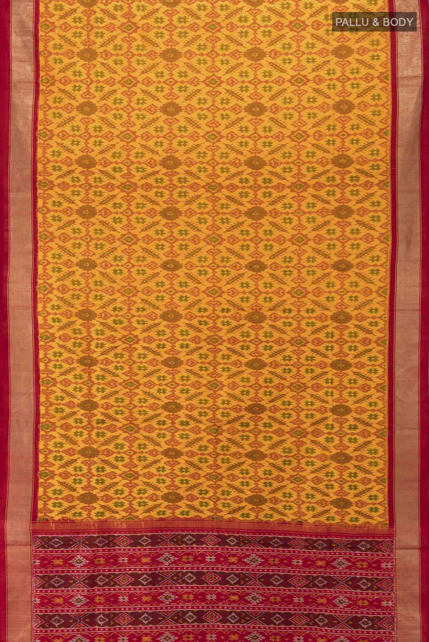 Flat view of Mustard Pochampally Silk Saree with Zari Butta on the body and Silk Border