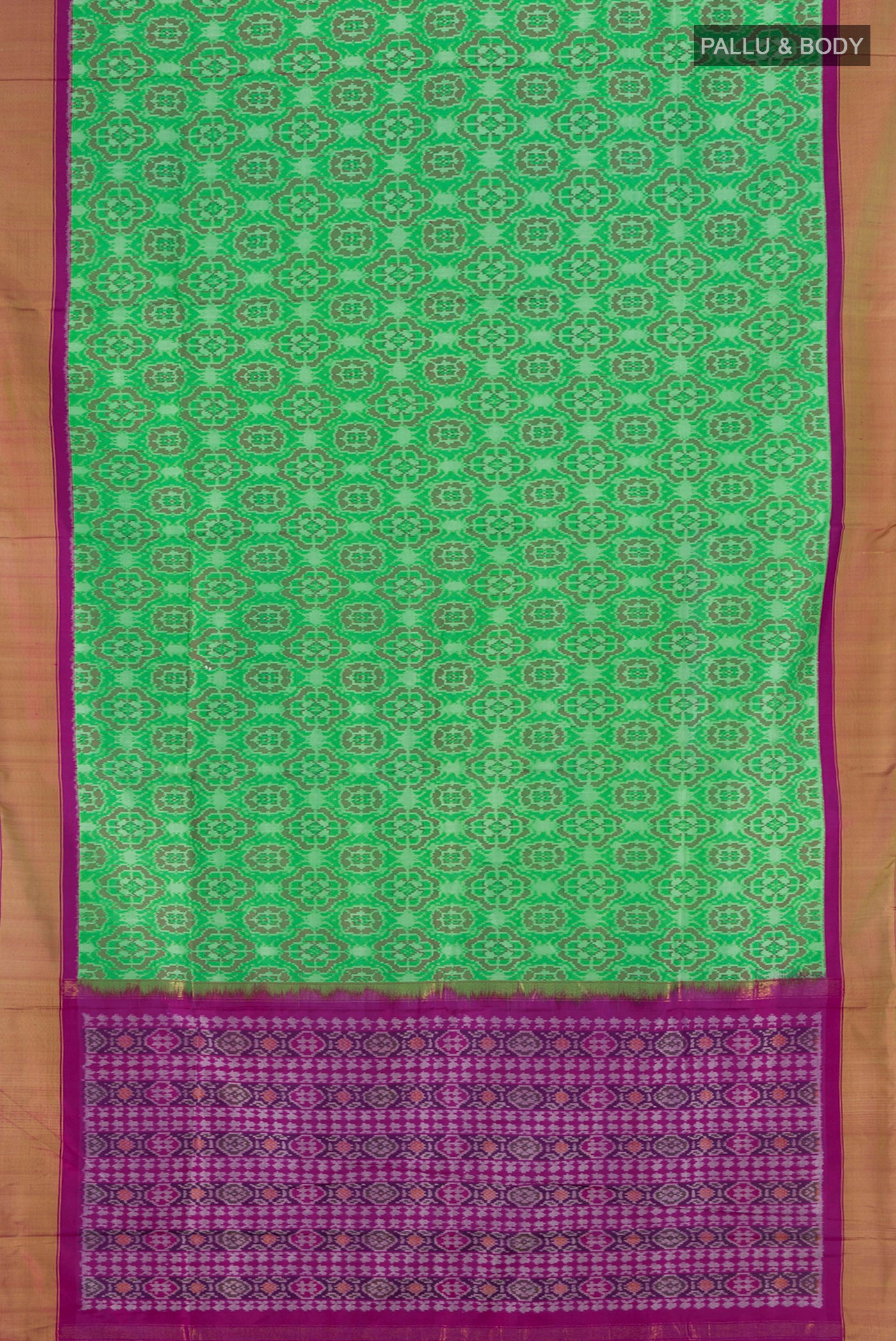 Flat view of Mint Green Pochampally Silk Saree with Ikat design on the body and Zari Border. 