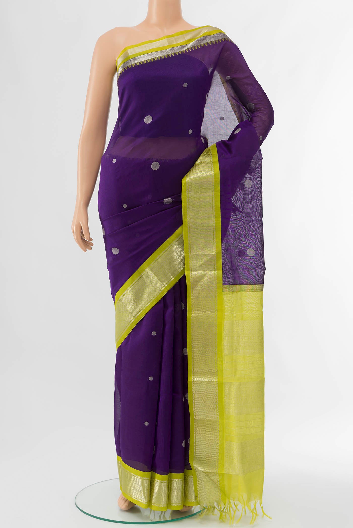 Violet Coimbatore Silk Cotton Saree with Zari Brocade on the body and Silk Border displayed on a mannequin