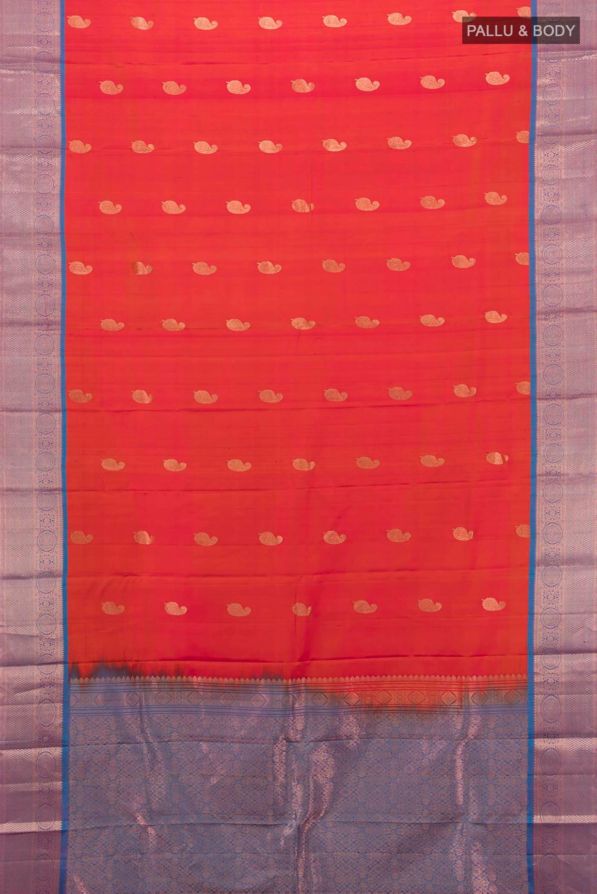 Flat view of Peach Kanchipuram Silk Saree with Zari Butta on the body and Silk Border