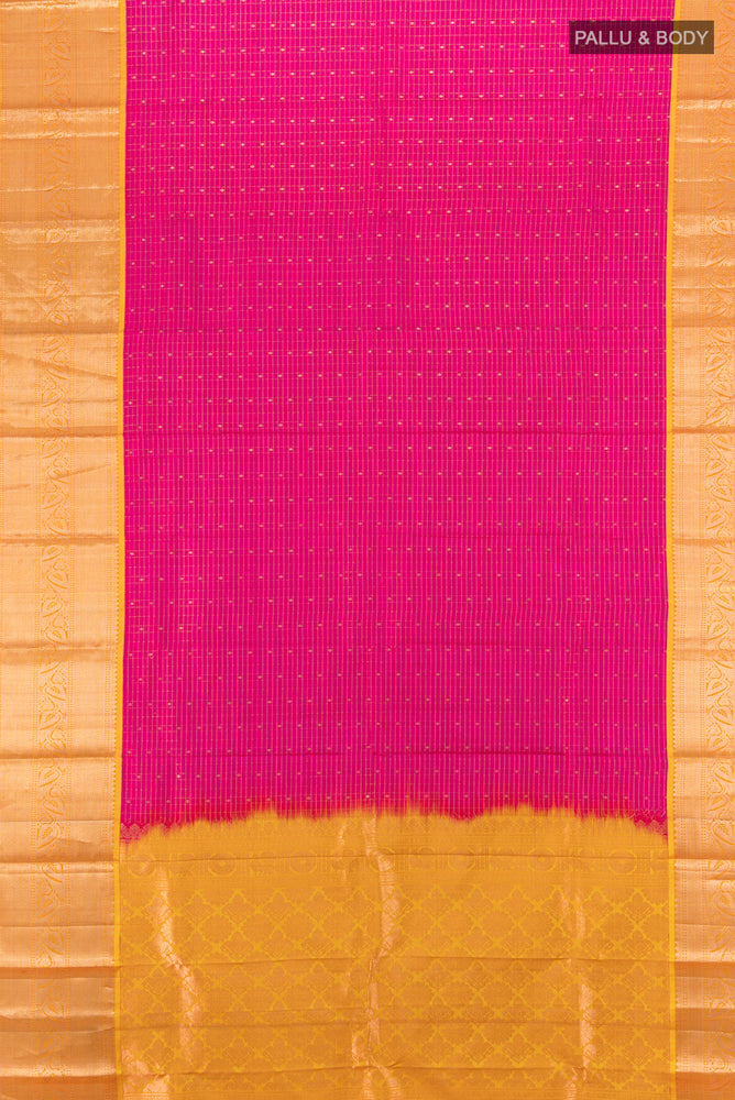 Flat view of Magenta Kanchipuram Silk Saree with Zari Butta on the body and Silk Border. 