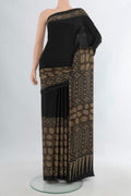 Black Blended Satin Crepe Saree with Plain Body and Printed Border.  displayed on a mannequin