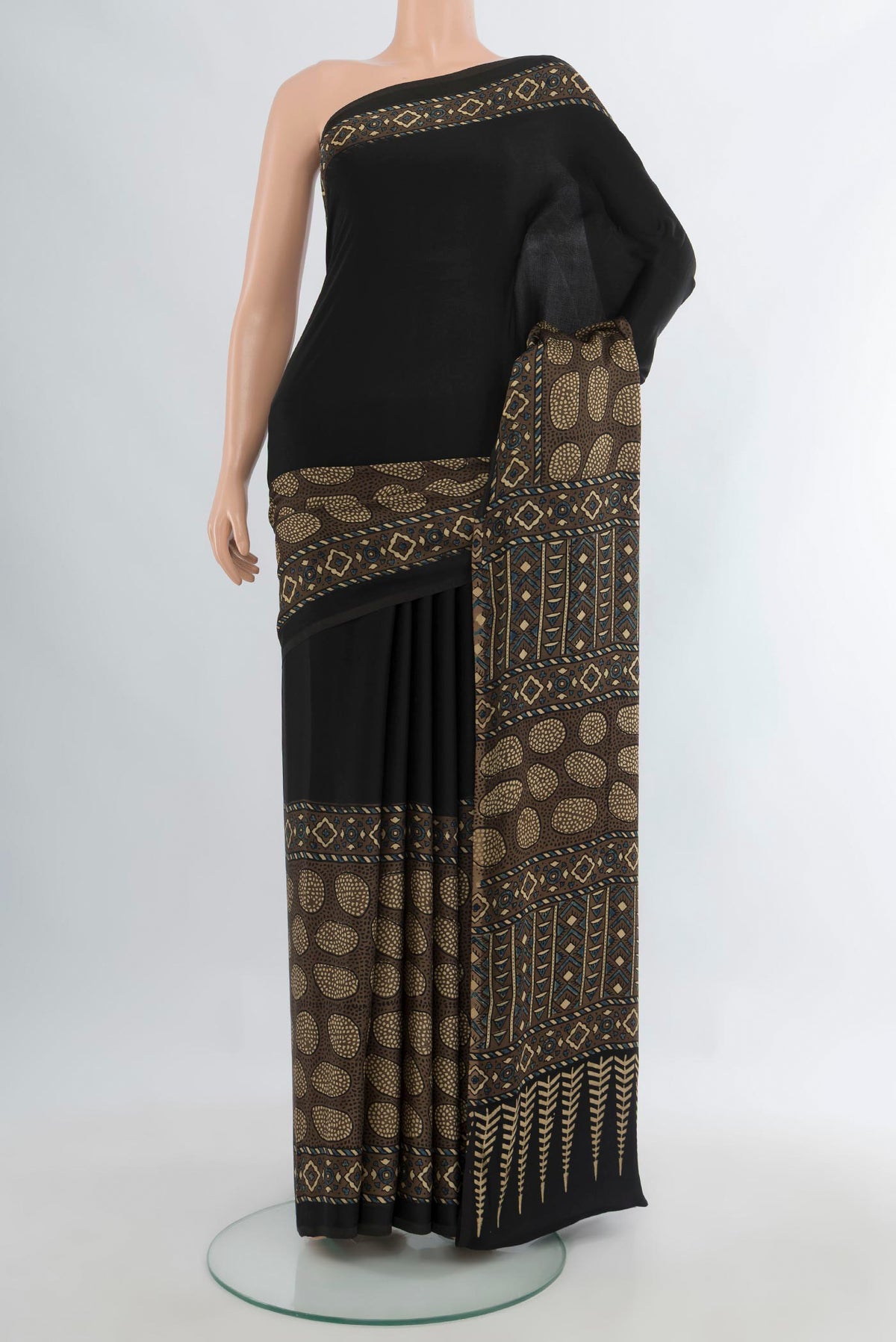 Black Blended Satin Crepe Saree with Plain Body and Printed Border.  displayed on a mannequin
