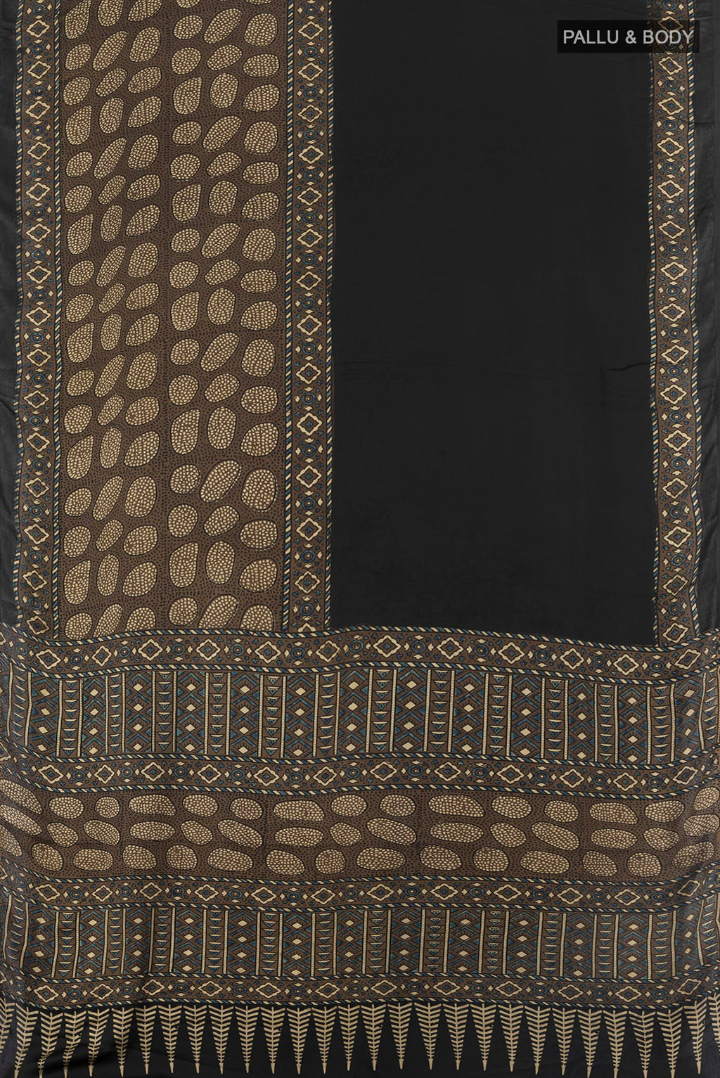 Flat view of Black Blended Satin Crepe Saree with Plain Body and Printed Border. 