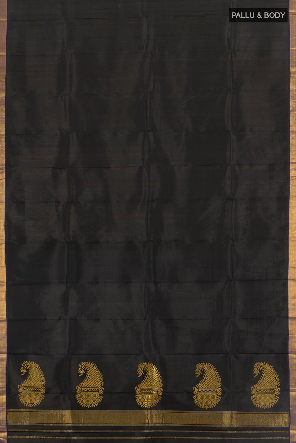 Flat view of Pure Silk Pure Zari Black Kanjivaram Saree with Plain Body and Silk Border. 