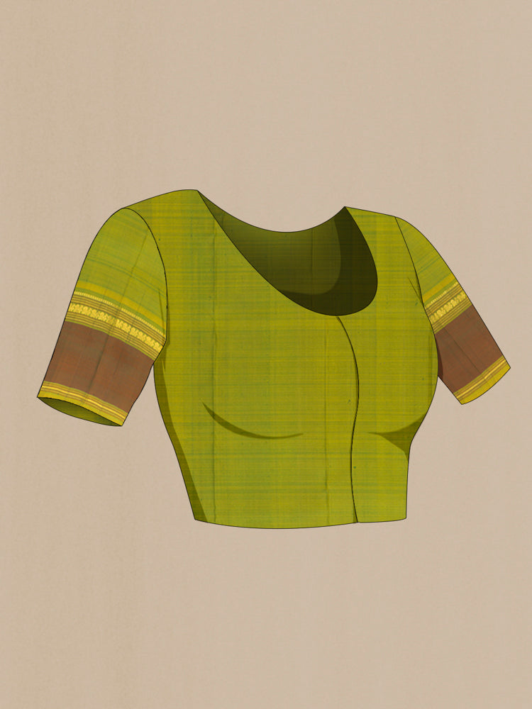 Close up image of the blouse of Pure Silk Pure Zari Light Green Kanchipuram Saree with Zari Butta on the body and Silk Border. 