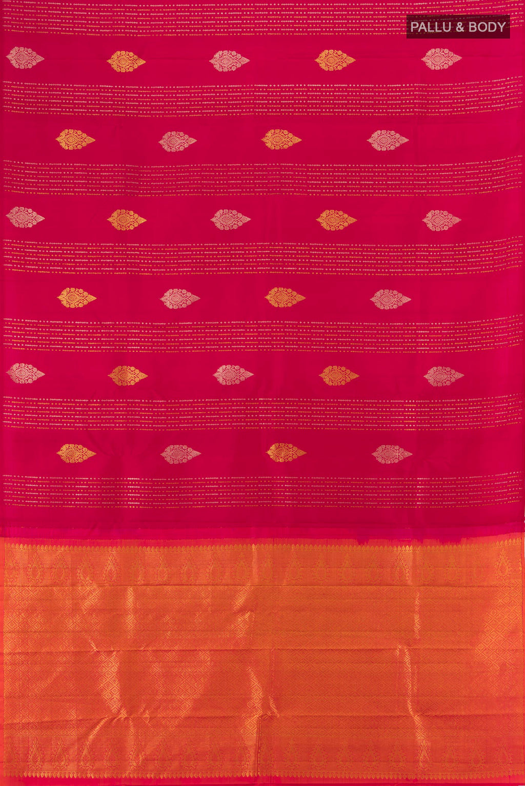 Flat view of Dark Pink Kanjivaram Silk Saree with Zari Butta on the body and Without Border. 
