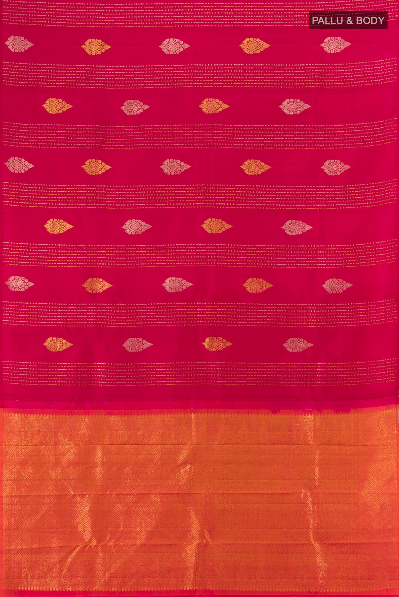 Flat view of Dark Pink Kanjivaram Silk Saree with Zari Butta on the body and Without Border. 