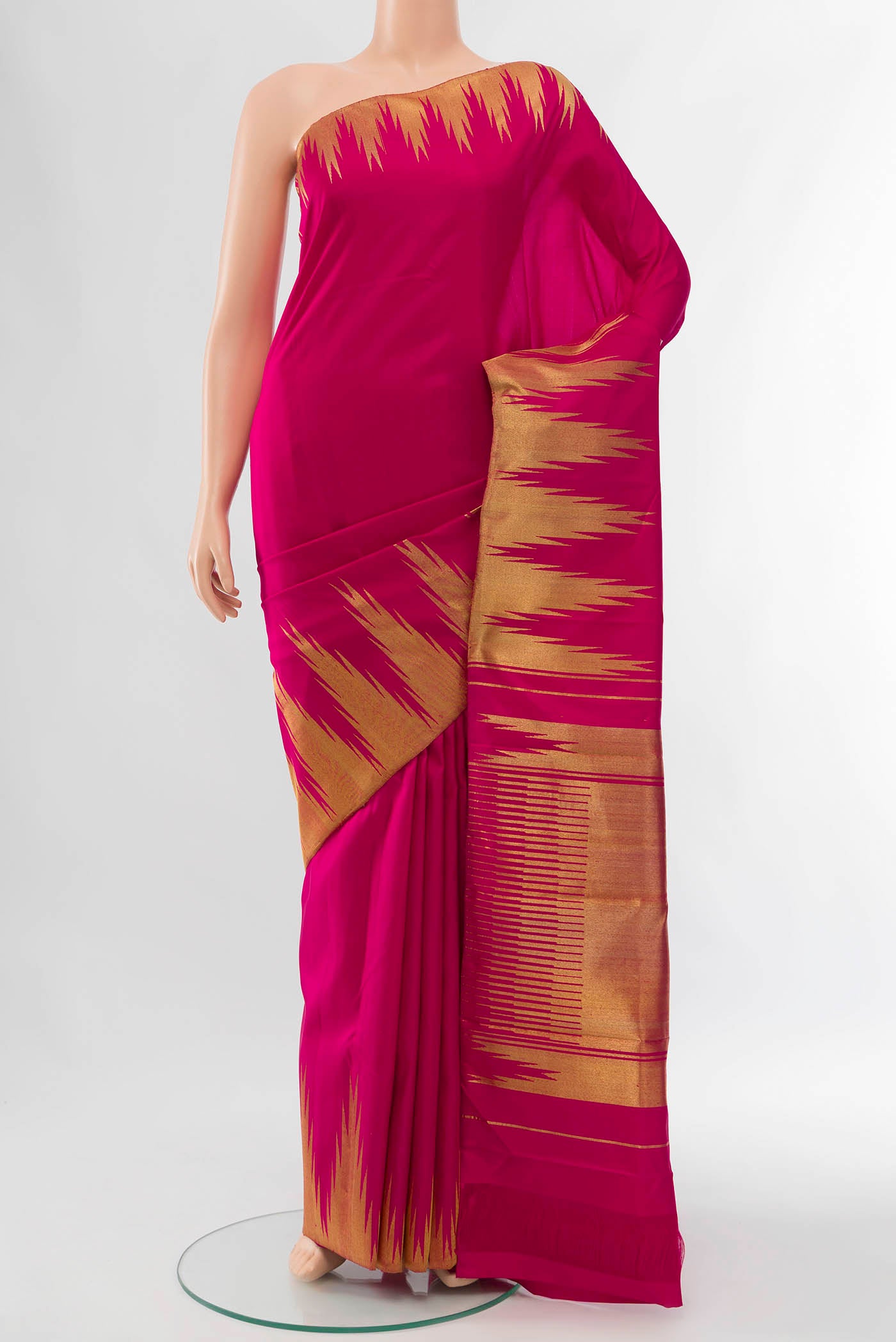 Pure Silk Pure Zari Pink Kanchipuram Saree with Zari Butta on the body and Silk Border displayed on a mannequin