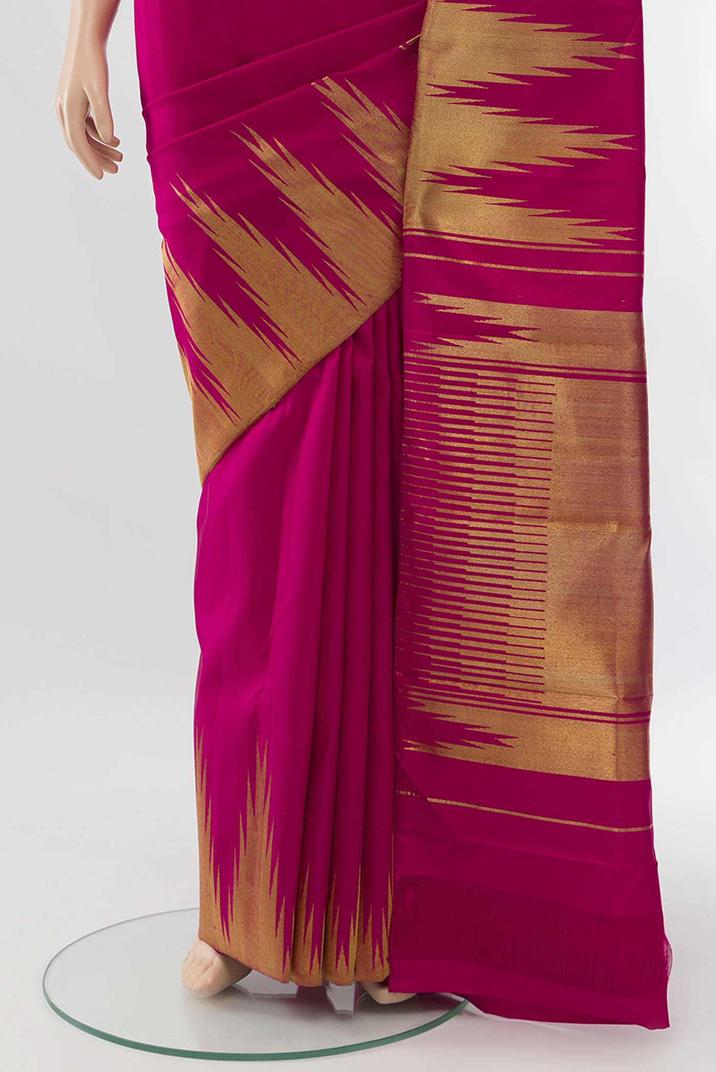Pleats and pallu of Pure Silk Pure Zari Pink Kanchipuram Saree with Zari Butta on the body and Silk Border