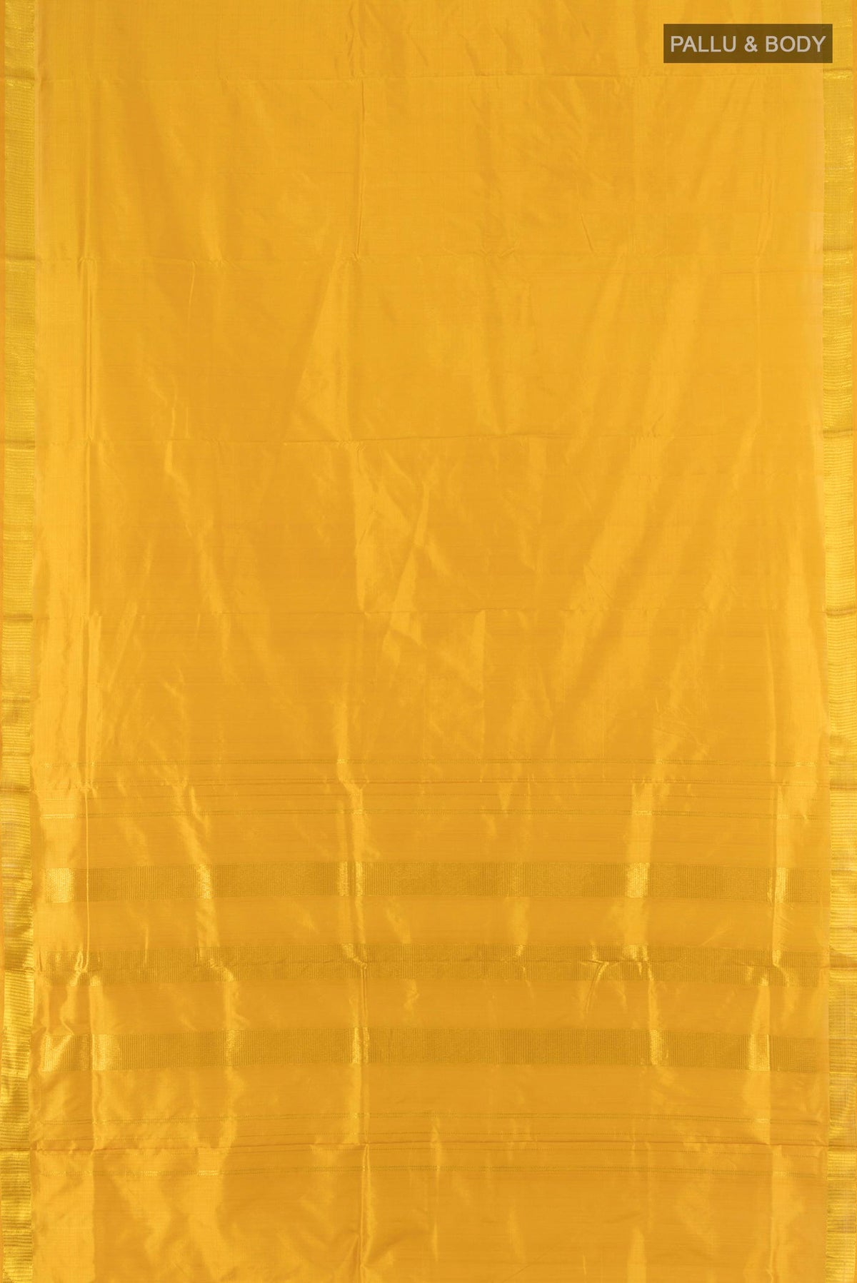 Flat view of Pure Silk Mustard Kanjivaram Nine Yards Saree with Plain Body and Zari Border. 