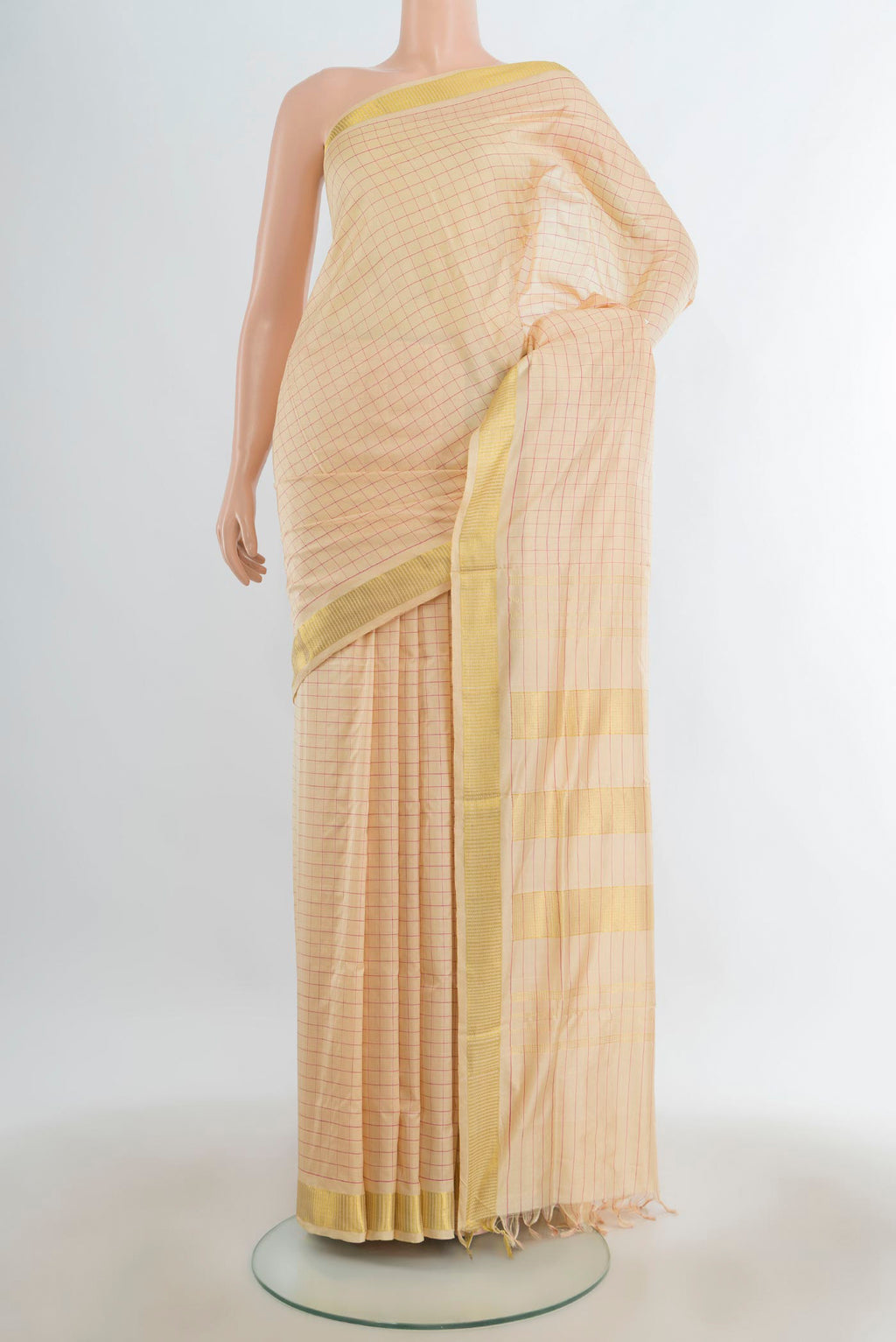 Pure Silk Pure Zari Sandal Kanjivaram Nine Yards Saree with Checked design on the body and Silk Border.  displayed on a mannequin