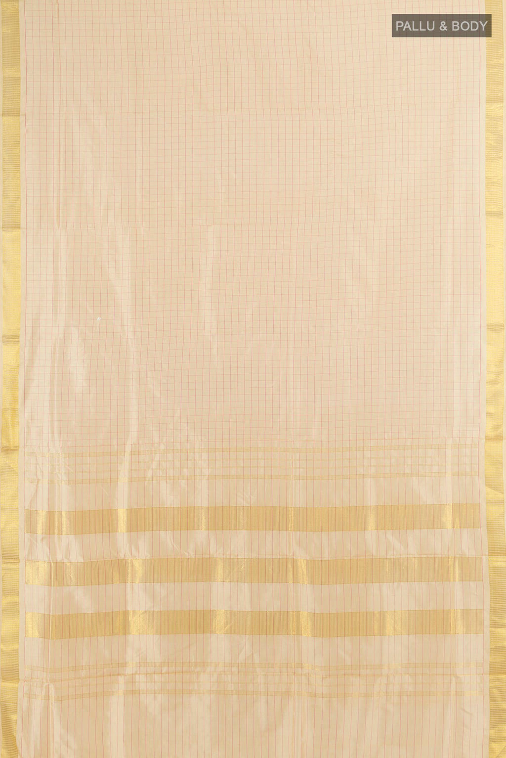 Flat view of Pure Silk Pure Zari Sandal Kanjivaram Nine Yards Saree with Checked design on the body and Silk Border. 