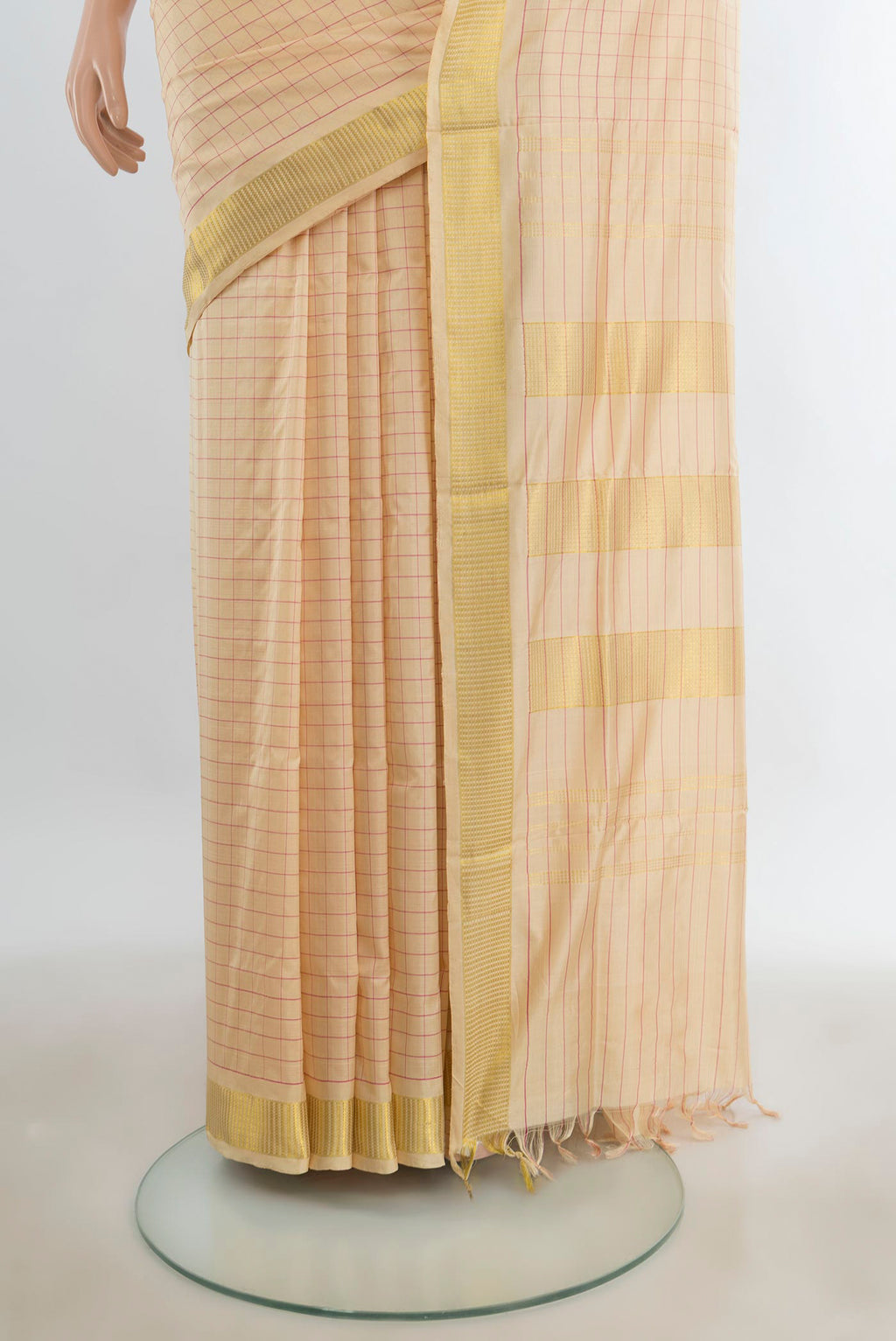 Pleats and pallu of Pure Silk Pure Zari Sandal Kanjivaram Nine Yards Saree with Checked design on the body and Silk Border. 