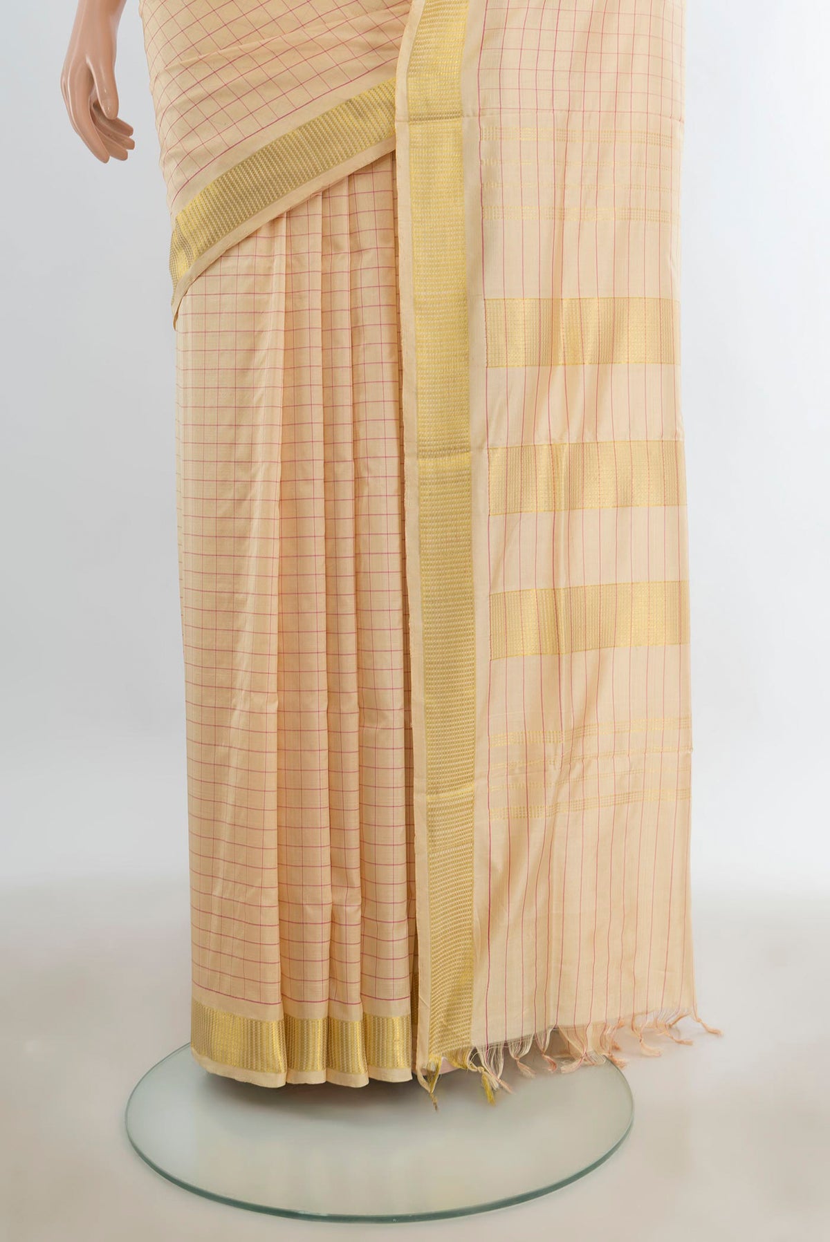 Pleats and pallu of Pure Silk Pure Zari Sandal Kanjivaram Nine Yards Saree with Checked design on the body and Silk Border. 