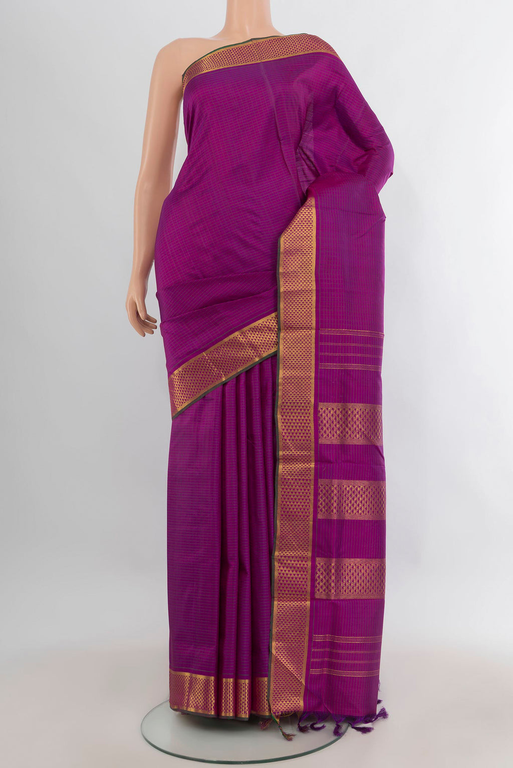 Pure Silk Magenta Kanjivaram Nine Yards Saree with Plain Body and Zari Border.  displayed on a mannequin