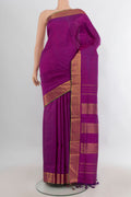 Pure Silk Magenta Kanjivaram Nine Yards Saree with Plain Body and Zari Border.  displayed on a mannequin