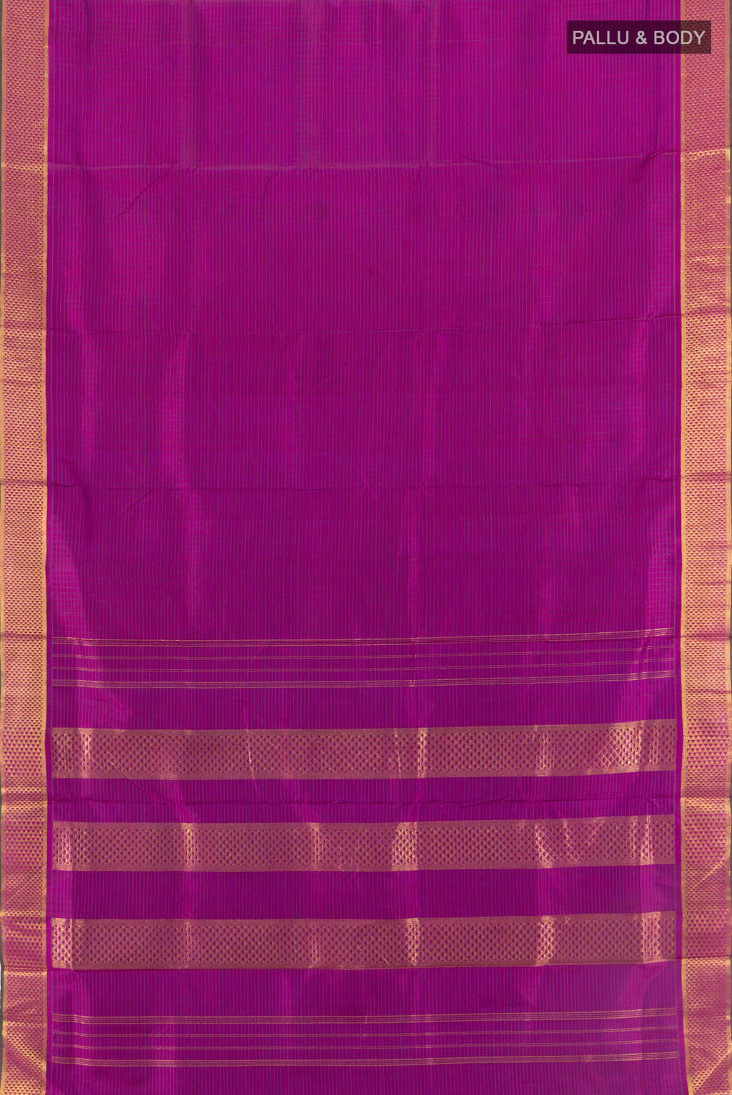 Flat view of Pure Silk Magenta Kanjivaram Nine Yards Saree with Plain Body and Zari Border. 