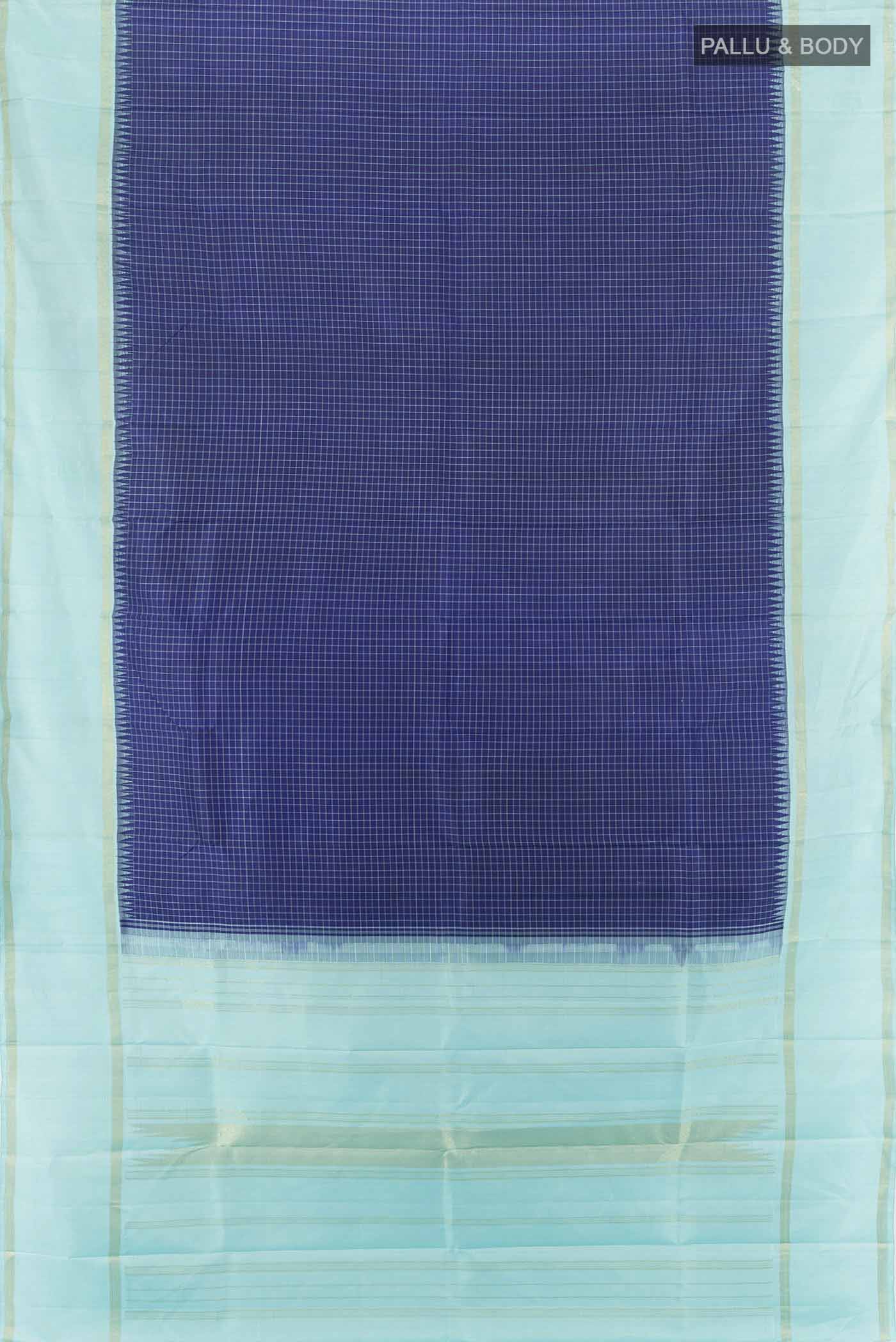 Flat view of Navy Blue Kanjivaram Silk Saree with Zari Butta on the body and Silk Border. 