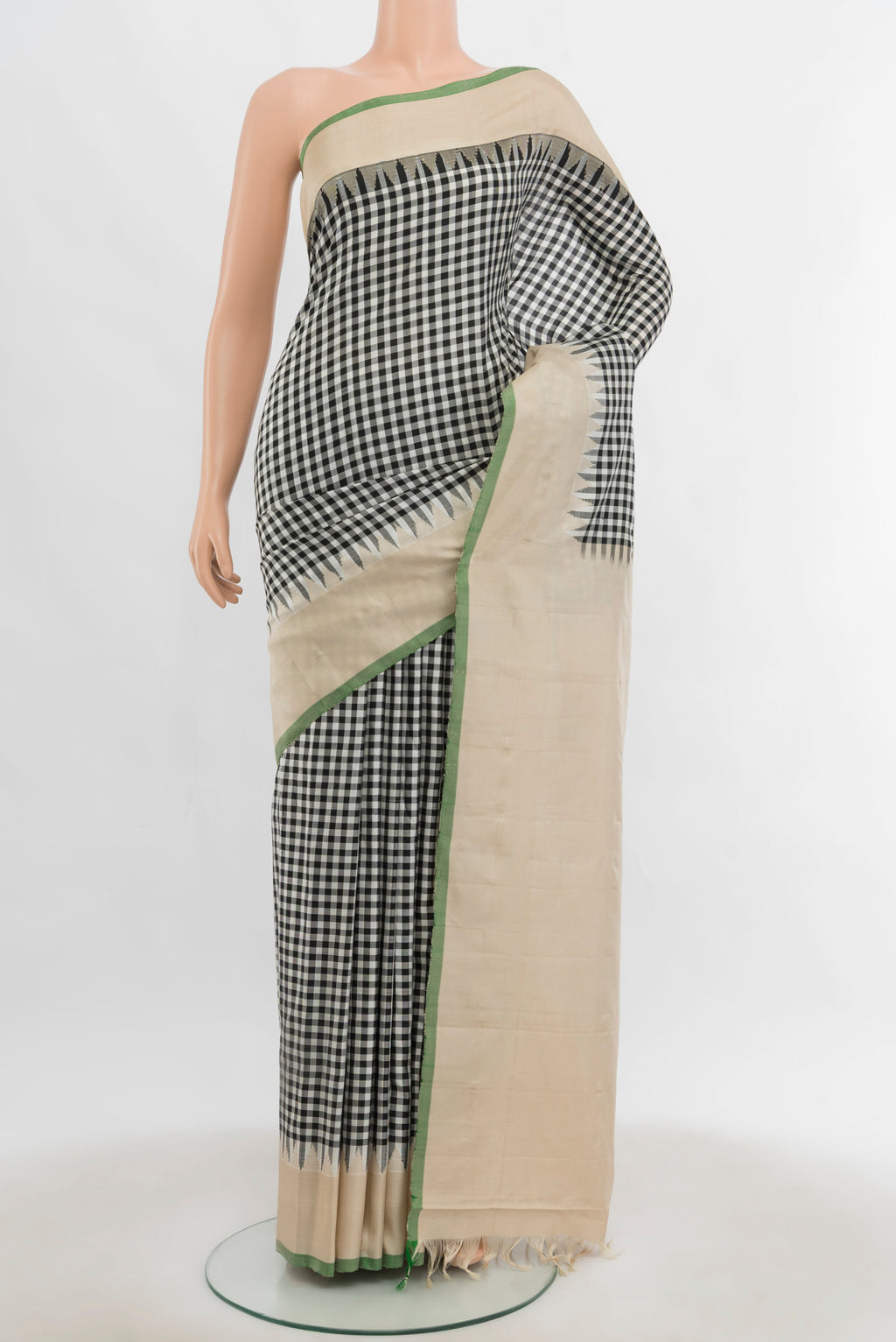 Multi Color Gadwal Silk Saree with Zari Butta on the body and Silk Border.  displayed on a mannequin
