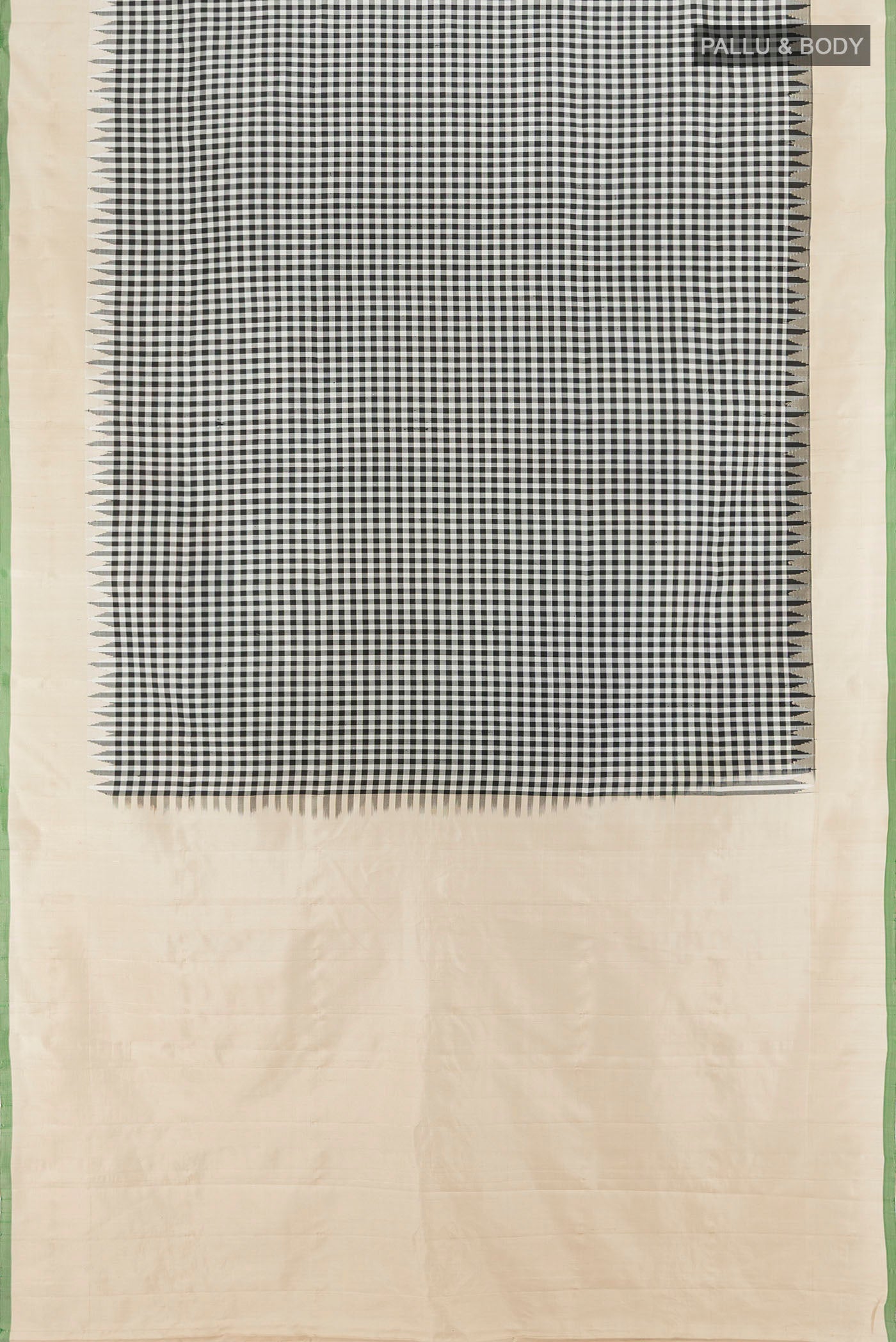 Flat view of Multi Color Gadwal Silk Saree with Zari Butta on the body and Silk Border. 