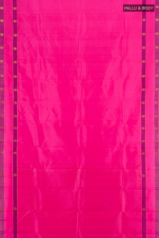 Flat view of Rani Pink Kanchipuram Silk Saree with Zari Butta on the body and Silk Border. 