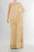 Sandal Banarasi Silk Saree with Jacquard With Thread Butta on the body and Zari Border.  displayed on a mannequin