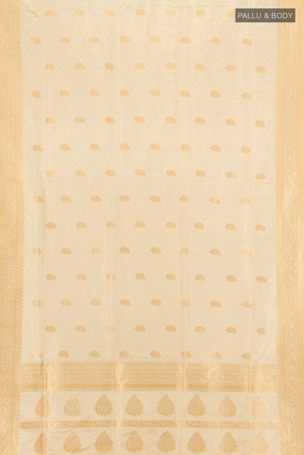 Flat view of Sandal Banarasi Silk Saree with Jacquard With Thread Butta on the body and Zari Border. 