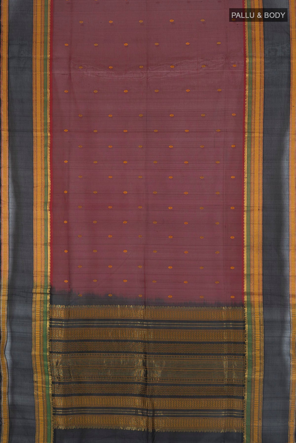 Flat view of Maroon Silk Cotton Saree with Thread Butta on the body and Zari Border. 