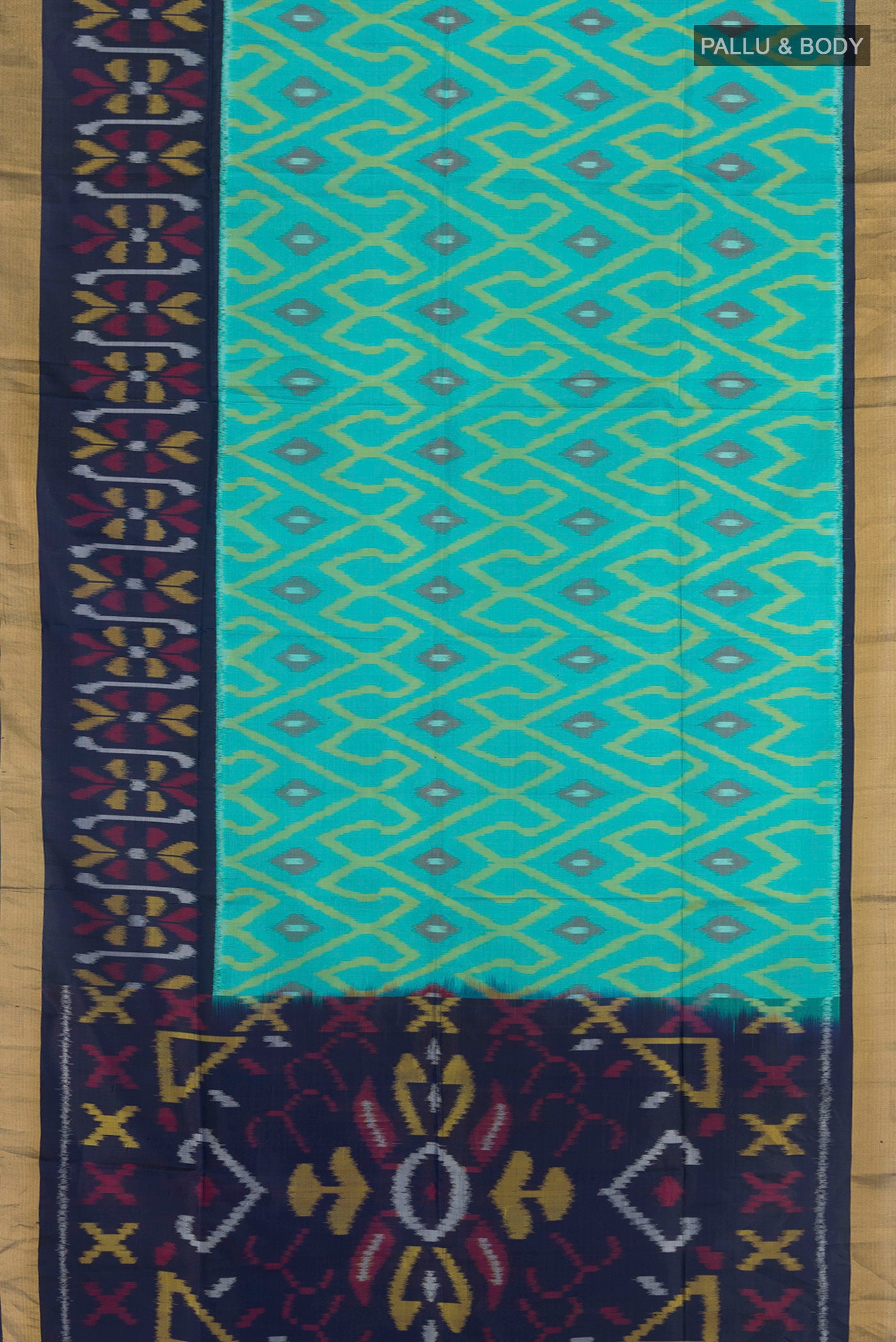 Flat view of Light Blue Soft Silk Saree with Ikat Print on the body and Zari Border. 
