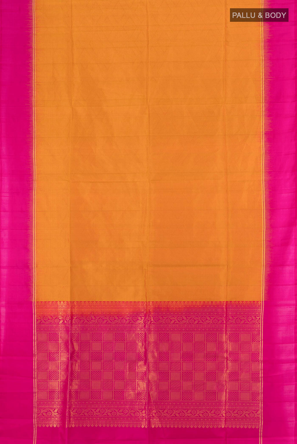 Flat view of Mustard Soft Silk Saree with Zari Butta on the body and Silk Border. 