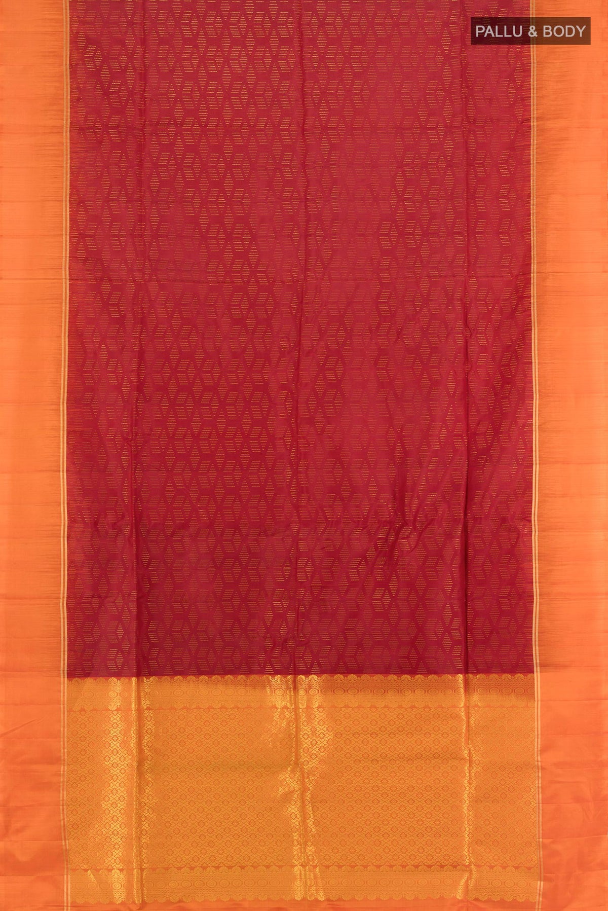 Flat view of Pure Silk Red Soft Saree with Zari Butta on the body and Plain Border. 