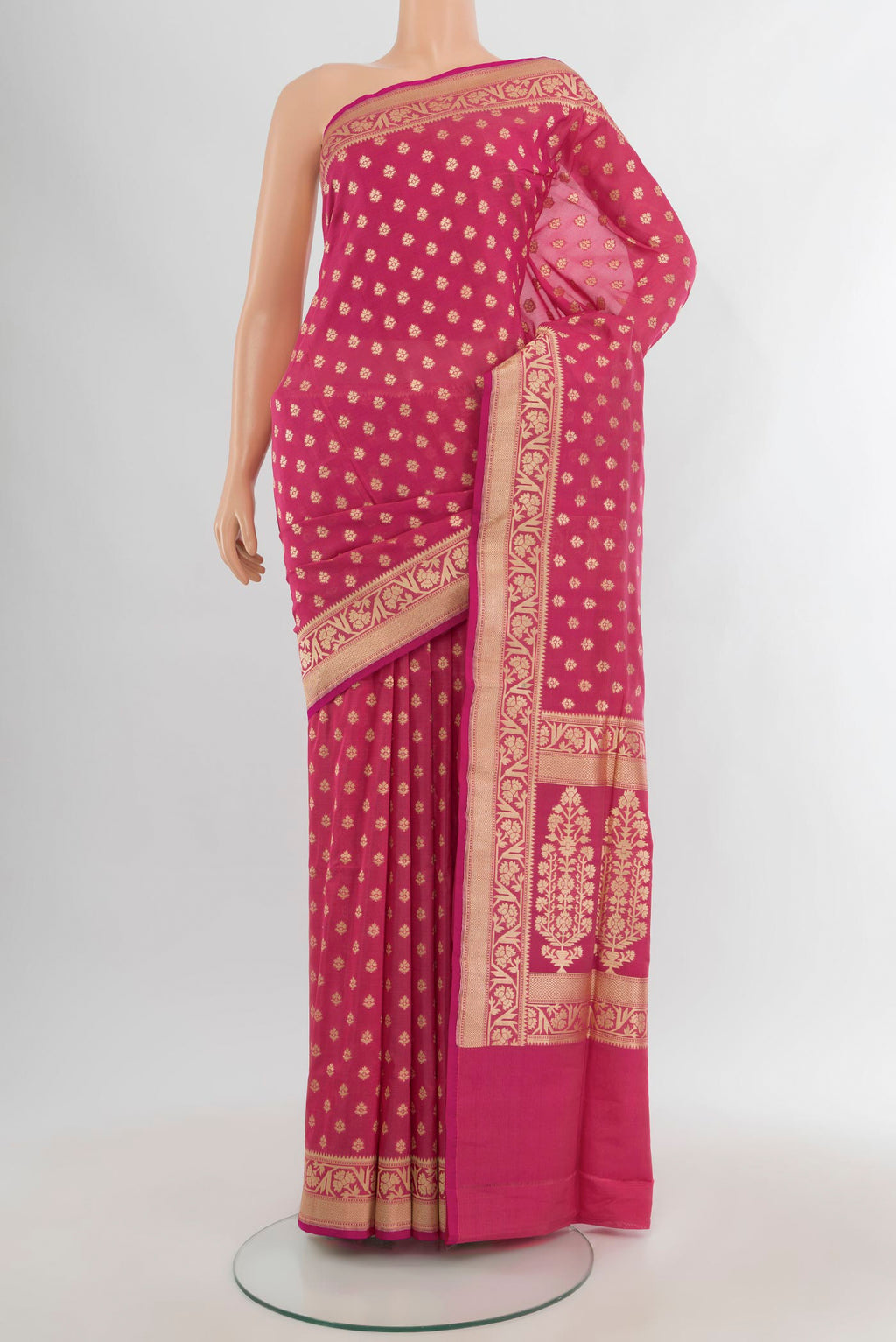 Pink Banarasi Silk Saree with Zari Butta on the body and Zari Border.  displayed on a mannequin