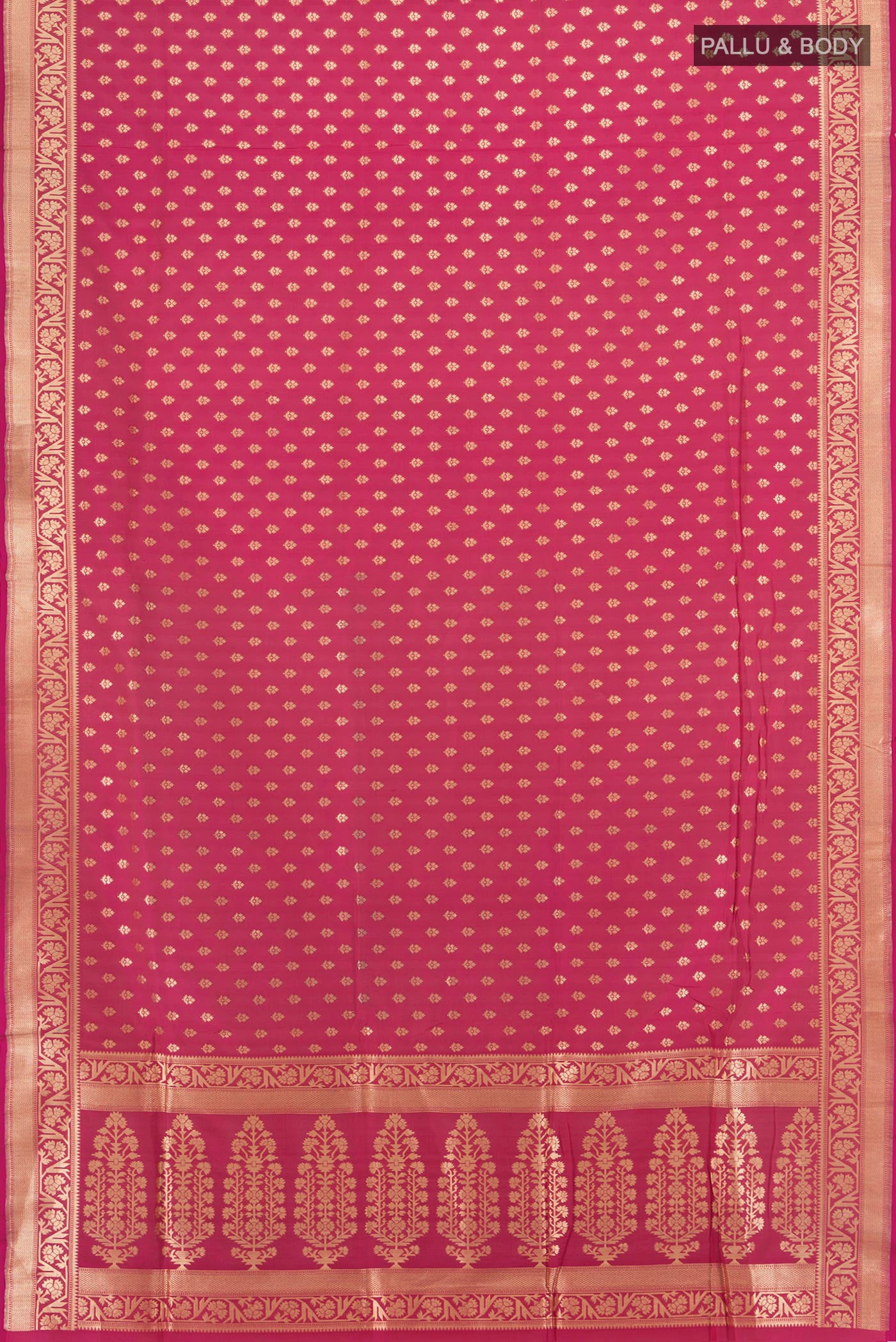 Flat view of Pink Banarasi Silk Saree with Zari Butta on the body and Zari Border. 