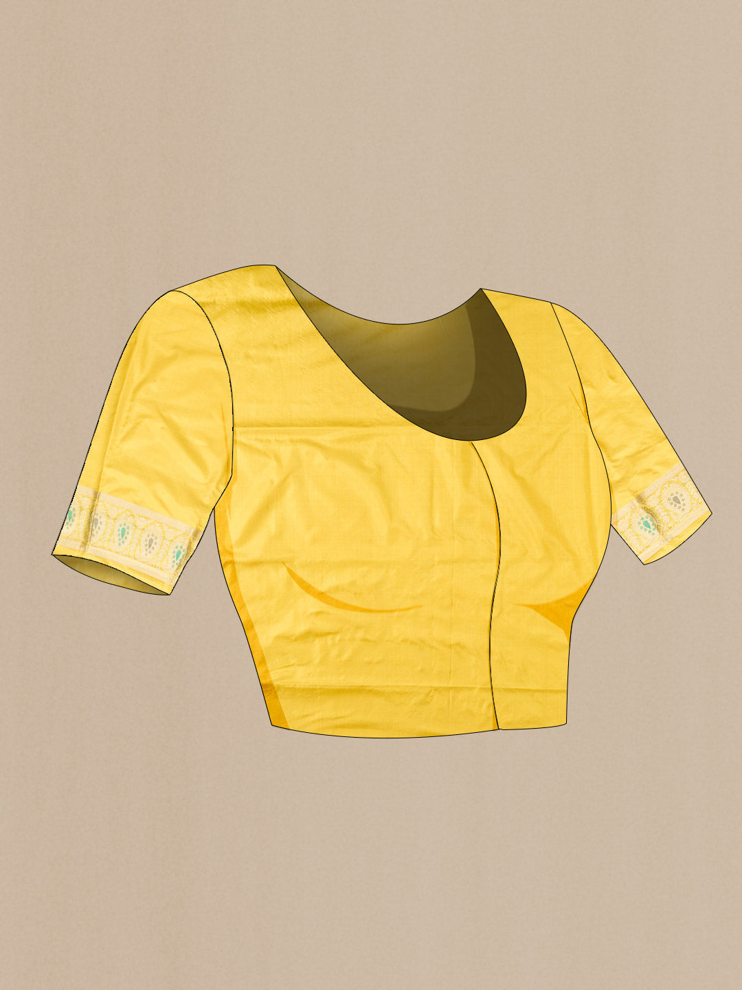 Close up image of the blouse of Yellow Banarasi Silk Saree with Zari Butta on the body and Zari Border