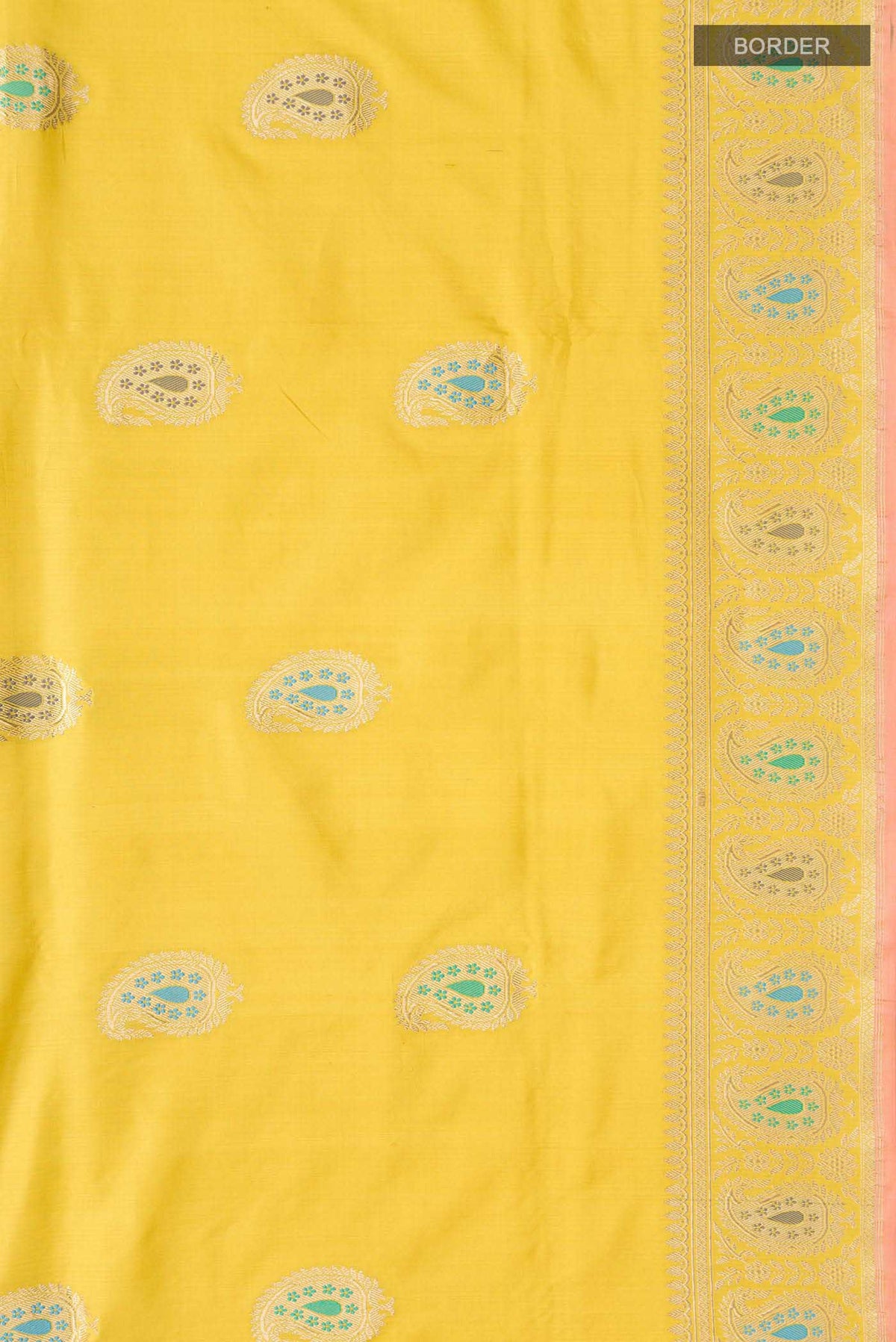 Border image of Yellow Banarasi Silk Saree with Zari Butta on the body and Zari Border