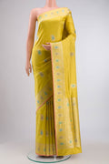 Yellow Banarasi Silk Saree with Zari Butta on the body and Zari Border displayed on a mannequin