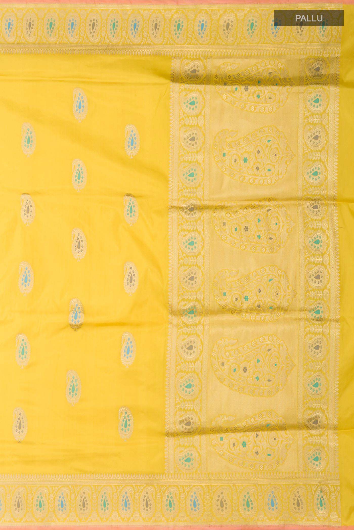 Close up image of the pallu of Yellow Banarasi Silk Saree with Zari Butta on the body and Zari Border