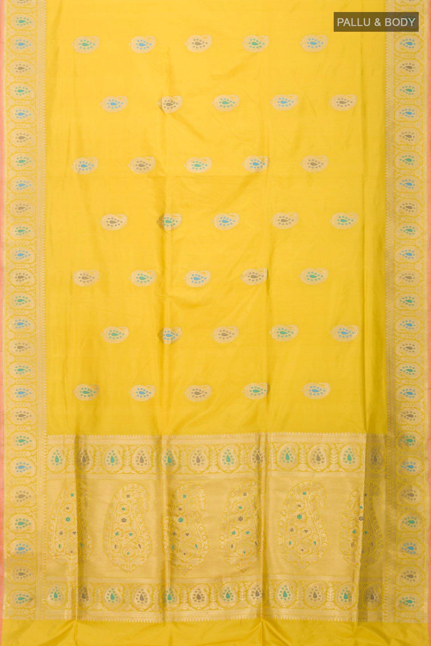 Flat view of Yellow Banarasi Silk Saree with Zari Butta on the body and Zari Border